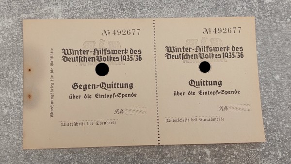 3.Reich Winterhilfswerk WHW Quittung Gegen-Quittung Eintopf Spende Original