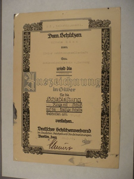 Urkunden des deutschen Schützenverbandes Gau Schleswig- Holstein und Hamburg 1942 und 1943