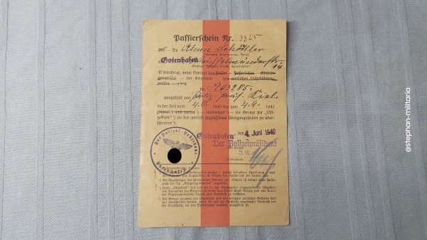 3.Reich Passierschein Gotenhafen für Grenzübergang Ostgebiete von 1940
