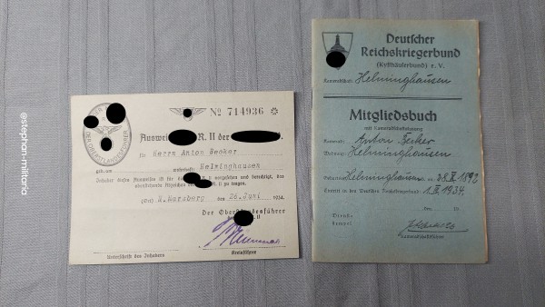 Deutscher Reichskriegerbund Mitgliedsbuch und Ausweis X.A.R.II der NXDAP - Helminghausen