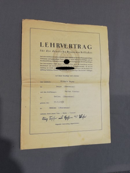 3.Reich Lehrvertrag für die deutsche Binnenschiffahrt von 1943
