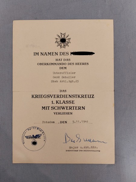 3.Reich Urkunde - Kriegsverdienstkreuz 1.Klasse mit Schwertern - Original
