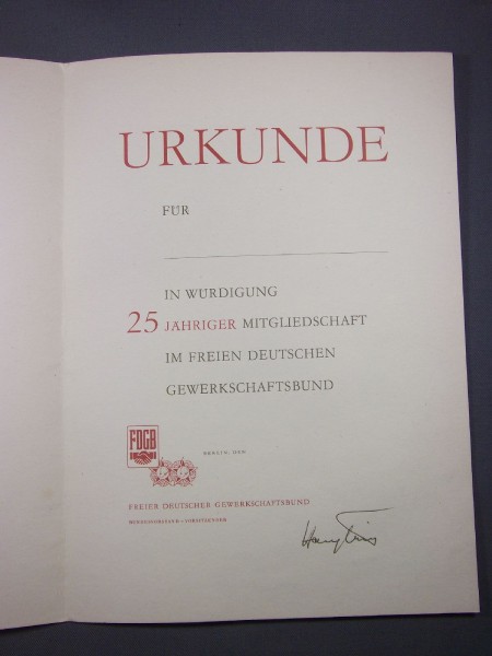 Urkunde 25 Jahre Freier Deutscher Gewerkschafts- bund blanko 