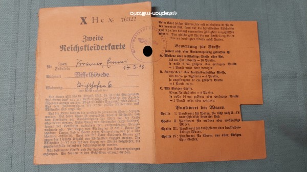3.Reich Zweite Reichskleiderkarte Wirtschaftsamt Rotenburg i.Hann. 1940-1941