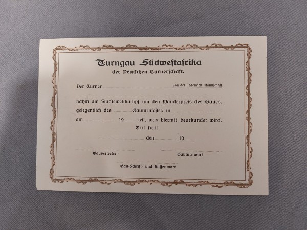3.Reich Urkunde Turngau Südwestafrika der Deutschen Turnerschaft Blanko