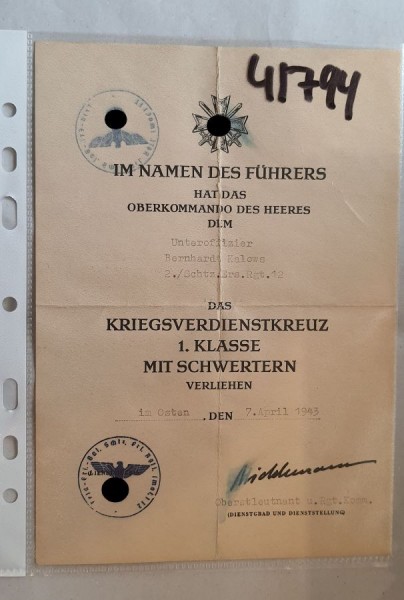 Urkunde, Unteroffizier B.Kalows - 2./Schtz.Ers.Rgt.12