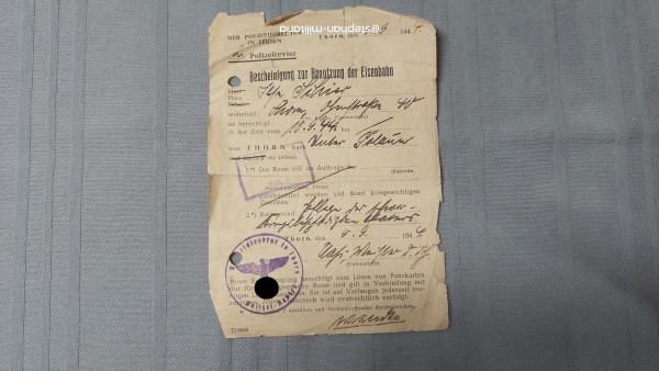 3.Reich Bescheinigung zur Benutzung der Eisenbahn von Thorn nach.... 1944
