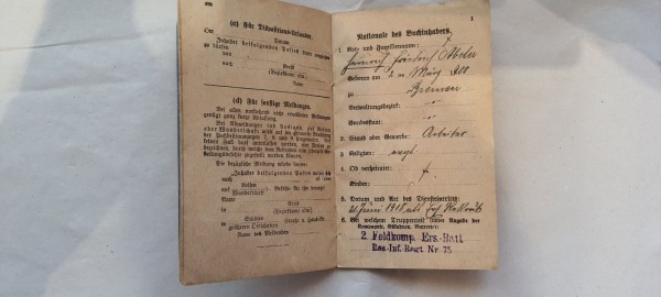 Preussen: Militärpaß H.Abeler Bremen - 2. Feldkompanie Ers.Btl. Res.-Infanterie Regiment 75 Dezember 1918 Stempel Soldatenrat -  Bezirkskommando 1 Bremen