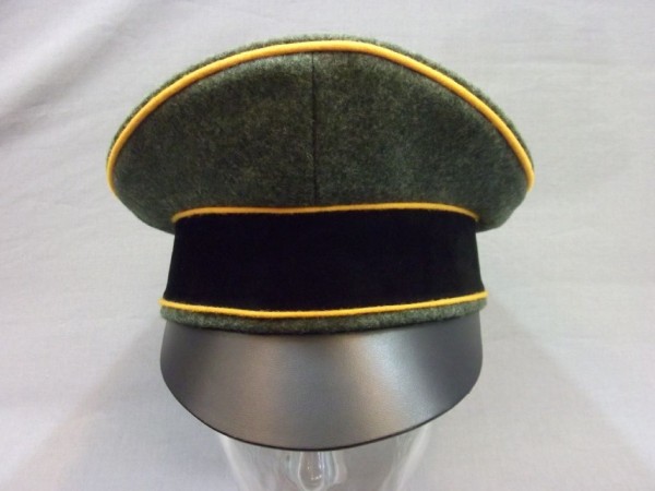 Schirmmütze, Offizier, feldgrau, melliertes Tuch, Samtrand, ohne Hersteller, ohne Abzeichen, Lederschirm. Bitte bei Angaben des Kunden die Größe und die Waffenfarbe angeben !