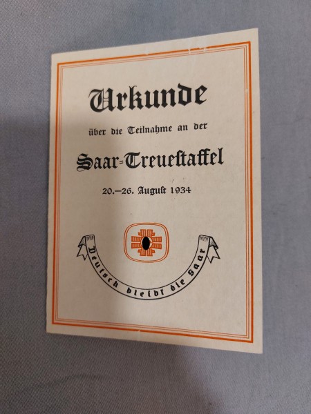 3.Reich Urkunde zur Teilnahme an der Saar Treuestaffel