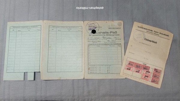 3.Reich Haushalts-Paß für gewerbliche Erzeugnisse von 1941 + SPD Einlageblatt