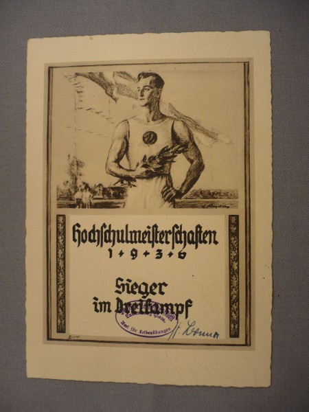 Weimarer Republik: Ehrenurkunde, dem Sieger im Dreikampf der Hochschulmeisterschaften 1936