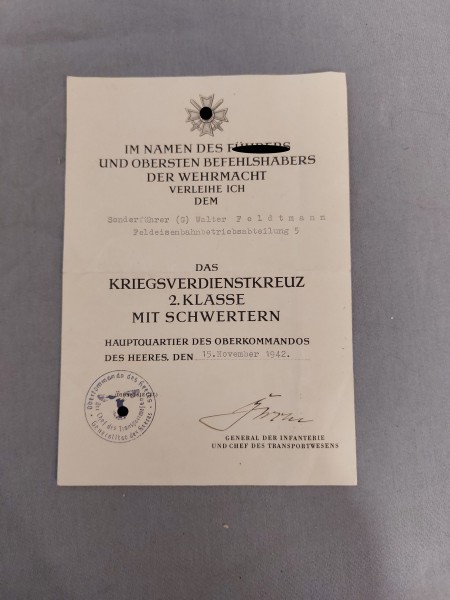 3.Reich Urkunde Sonderführer (G) W.Feldtmann - Feldeisenbahnbetriebsabteilung 5