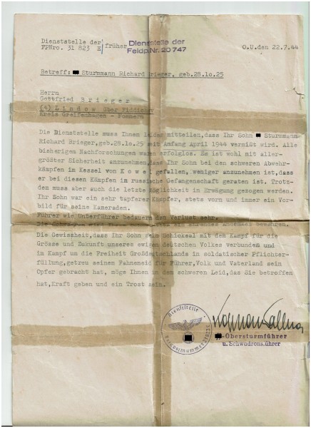 Anschreiben: Todesnachricht von dem Schwadronführer im 22. XX Freiwilligen Kavallerie Division Maria