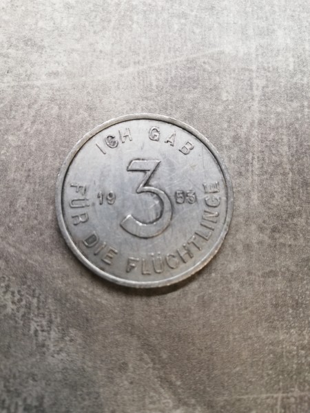 Bundesrepublik 3 Mark Spendenmarke Aluminium 1953 Adenauer Flüchtlingsspende