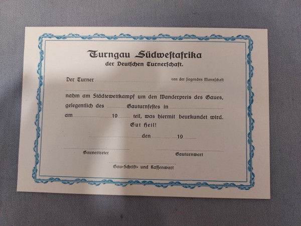 3.Reich Urkunde Turngau Südwestafrika der Deutschen Turnerschaft Blanko