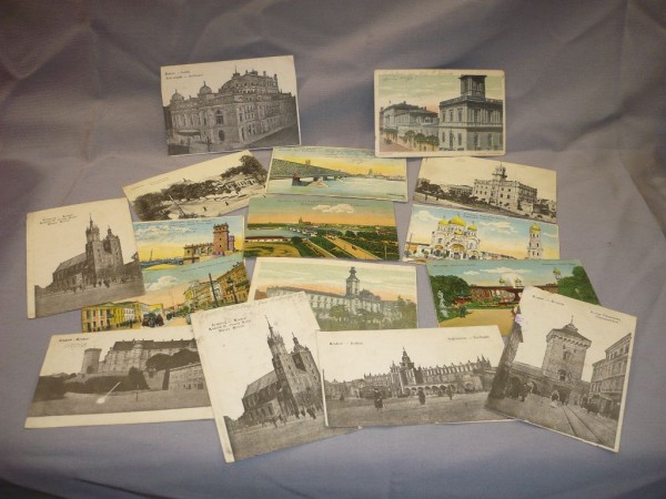 Postkarten der polnischen Städte Warschau, Krakau und Jaroslaw, aus der Zeit des 1. Weltkrieges, 15 Stück, Feldpost