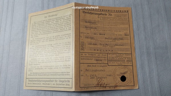 3.Reich Angestelltenversicherung Versicherungskarte Nr.1 - Fallingbostel 1942