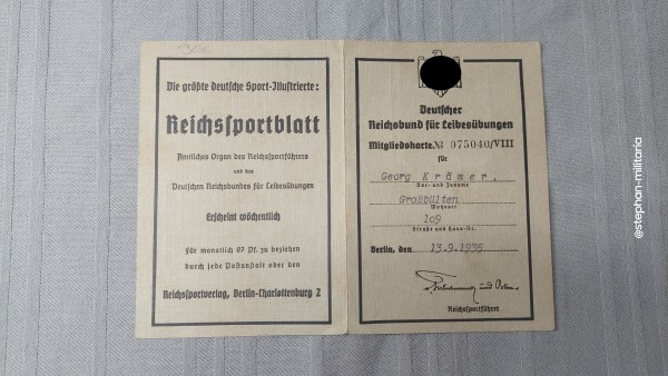 3.Reich Mitgliedskarte Deutscher Reichsbund für Leibesübungen von 1935