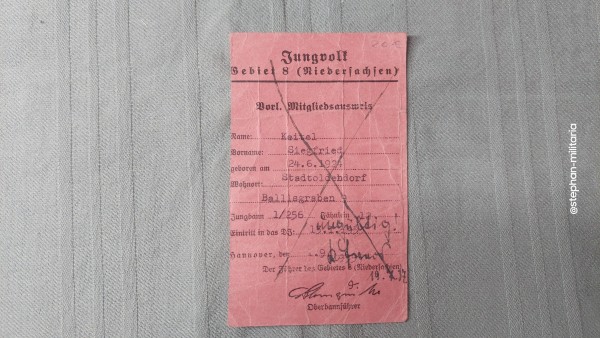 3.Reich Jungvolk Gebiet 8 (Niedersachsen) vorl.Mitgliedsausweis von 1937