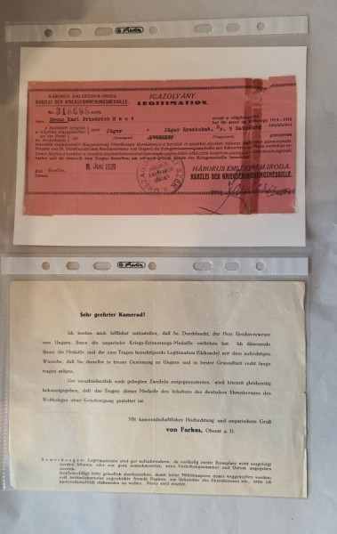 Urkunde zur Kriegs Erinneungs Medaille Ungarn für B.Haut Jäger Ersatzbat.Nr.9 Ratzeburg