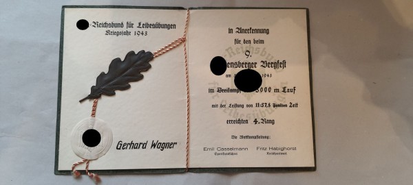 Urkunde - 4.Rang im Dreikampf auf dem Ravensberger Bergfest 1943