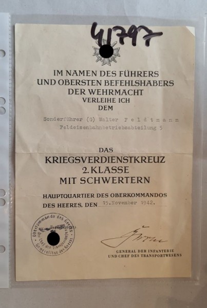 Urkunde, Sonderführer (G) W.Feldtmann - Feldeisenbahnbetriebsabteilung 5