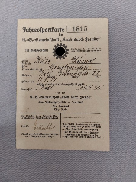 3.Reich Jahressportkarte Gemeinschaft KDF "Kraft durch Freude"