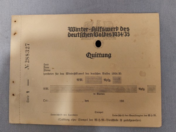 3.Reich Winterhilfswerk WHW Quittung Quittungsblock Geldspende Original