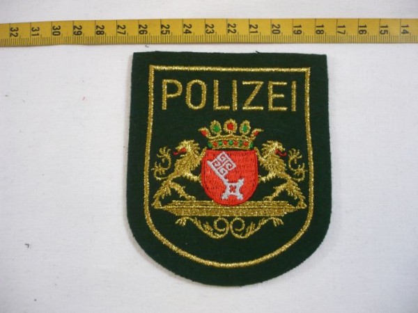 Bremen: Armabzeichen, Polizei Bremen, grün, gold Lurex maschinengestickt auf grün
