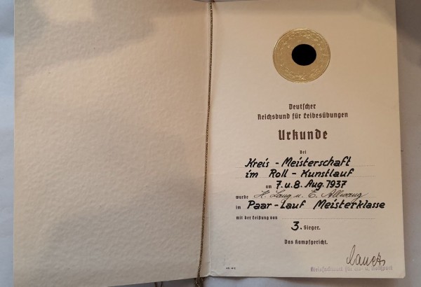 Urkunde Deutscher Reichsbund für Leibesübungen - 3. Sieger Kreis Meisterschaft im Roll- Kunstlauf 1937