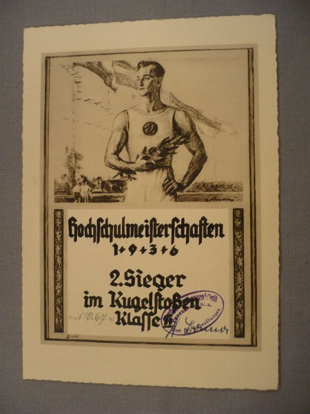Weimarer Republik: Ehrenurkunde, dem 2. Sieger im Kugelstossen Klasse  2, Hochschulmeisterschaften 1936