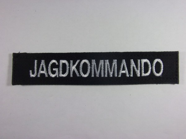 Namenstreifen, Jagdkommando, weiß auf schwarz maschinengestickt mit Klett