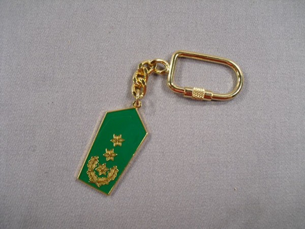 Allgemein: Schlüsselanhänger Polizei Schulterklappe, 3 Sterne gold und Eichenlaub auf grün, Metall