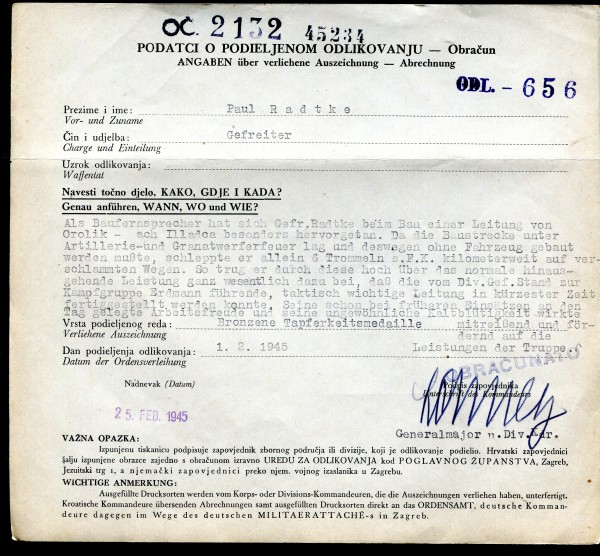3.Reich Urkunde Kroatien Bronzene Tapferkeitsmedaille 118. Jäger Division