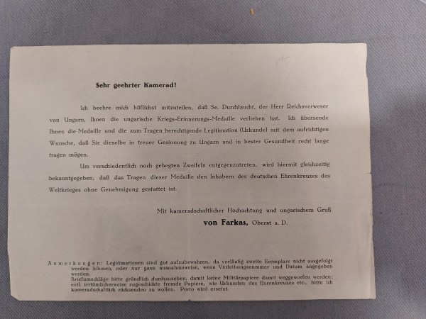 3.Reich Urkunde zur Kriegserinnerungs Medaille Ungarn für B.Haut Jäger Ersatzbat.Nr.9 Ratzeburg