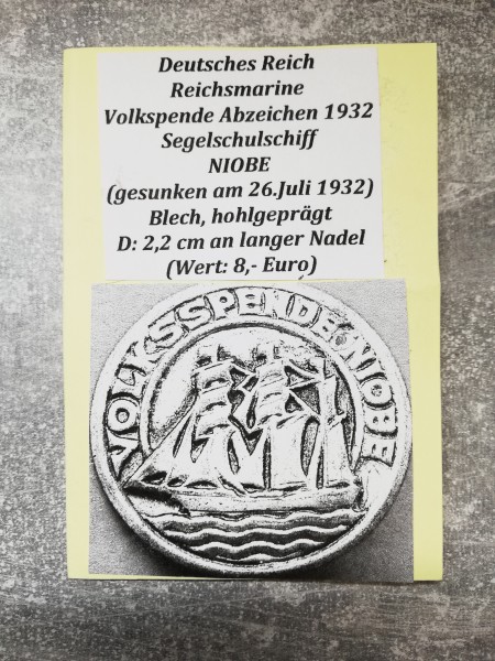 Weimar Volksspende Abzeichen Segelschulschiff Niobe 1932 als Anstecknadel