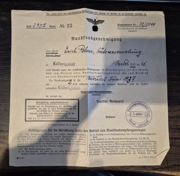 3. Reich Rundfunkgenehmigung 1937 Ludwiglust