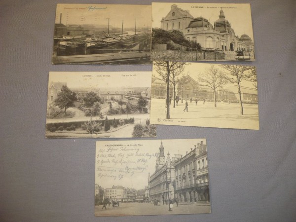 Postkarten der französischen Städte Le Harve, Charleroi, Valenciennes, Lommel und Chatelet aus der Zeit des 1. Weltkrieges, 5 Stück