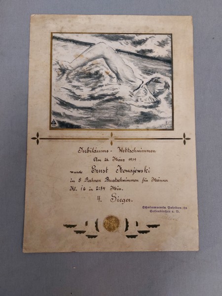 3.Reich Urkunde 4.Sieger im Brustschwimmen 26.März 1939 Poseidon Gelsenkirchen