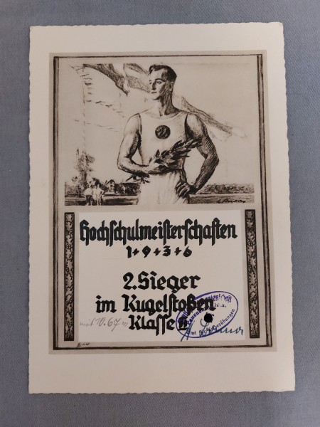 Weimar Ehrenurkunde dem 2.Sieger im Kugelstossen Klasse 2 Hochschulmeisterschaften
