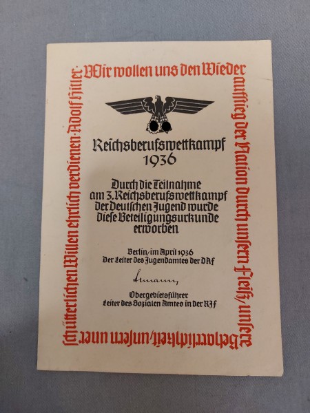 3.Reich Urkunde Teilnahme am 3.Reichsberufwettkampf der Jugend 1936