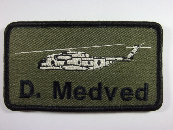 Bundeswehr-Lw Namenschild CH 53 weiß auf oliv mit Wunschtext Bestickung 