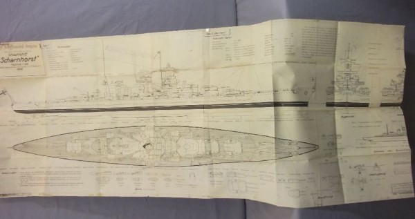 Bauplan, Schlachtschiff Scharnhorst Loef Schiffsmodell - Bauplan Maßstab 1:200 Entwurf Gewerbeoberlehrer Ing.O.M. Friedemann 1942