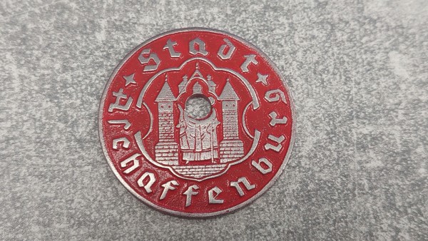 3.Reich Steuermarke KFZ Kennzeichen Plakette - Stadt Aschaffenburg