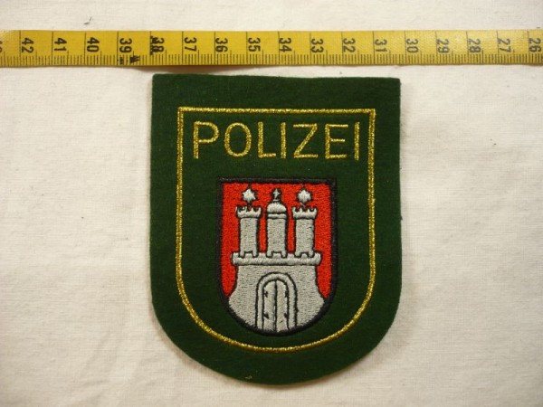 Hamburg: Armabzeichen, Polizei Hamburg, grün, Lurex gold maschinengestickt