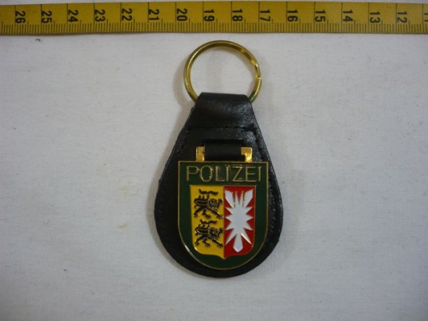 Schleswig-Holstein: Schlüsselanhänger, Polizei Schleswig-Holstein, Metall, wie das Armabzeichen, auf Leder
