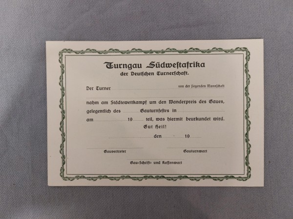 3.Reich Urkunde Turngau Südwestafrika der Deutschen Turnerschaft Blanko