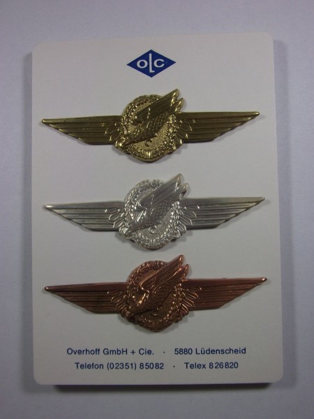 Fallschirmspringerabzeichen BW Versuch- Stürzender Adler- Bronze, Silber und Gold auf Musterplatte, Metall, sehr selten!!!!!!