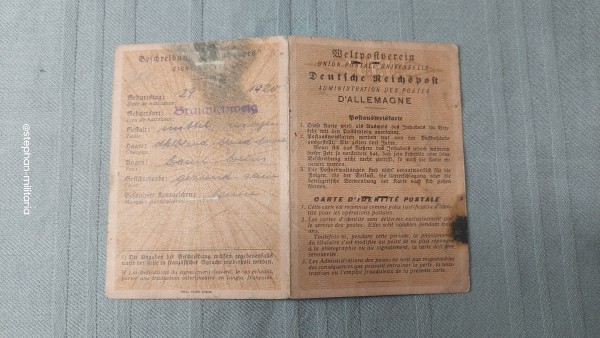 3.Reich Ausweis - Postausweiskarte Braunschweig 1944 Deutsche Reichspost
